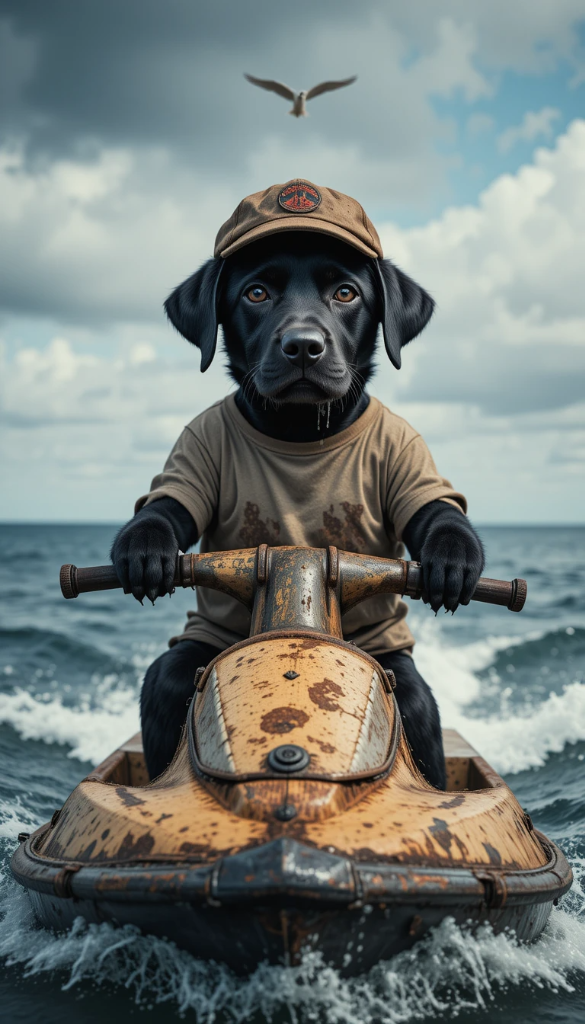 A determined black Labrador navigates stormy seas on a jet ski